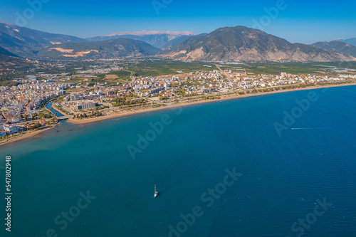 Aerial top View marina in Finike of Antalya Turkey. Landscape summer time