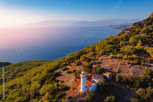 Aerial top view Gelidonya lighthouse on Lycian Way Antalya Turkey. Concept beautiful summer travel landscape