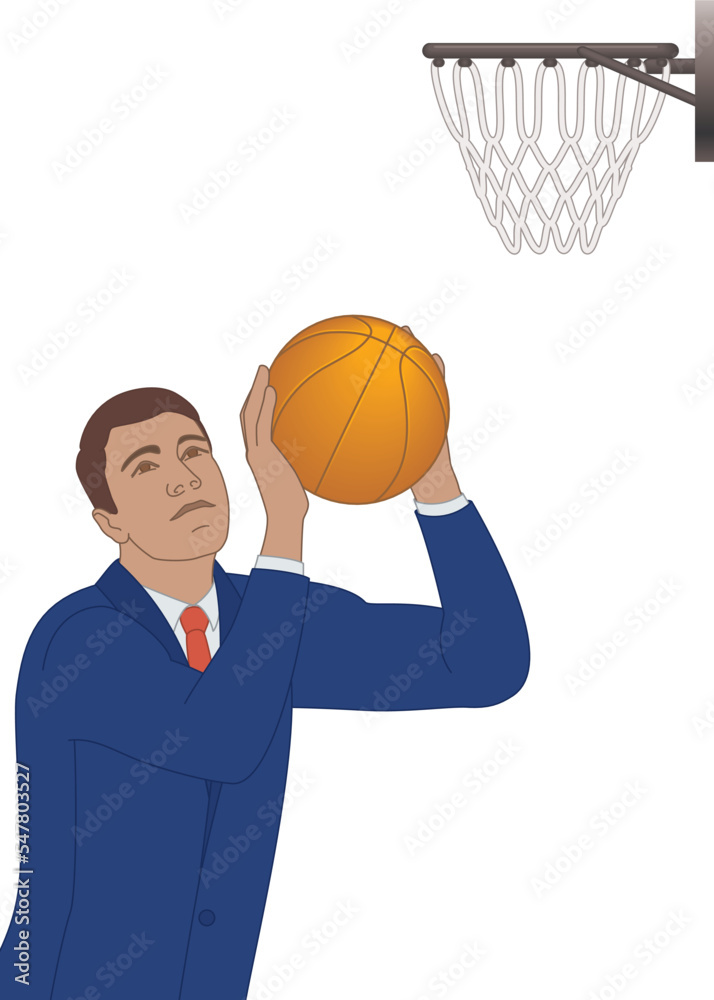 businessman aims basketball to shoot ball into hoop isolated on white background