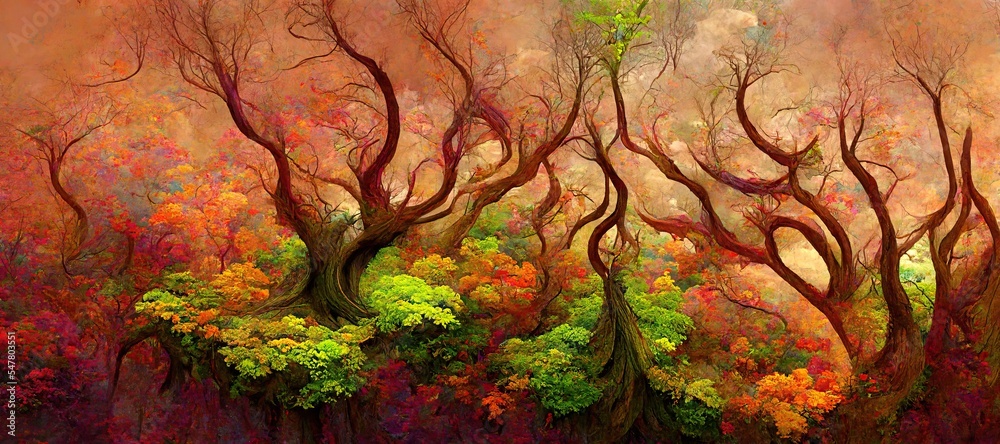 Naklejka premium Abstract magical fantasy woods - vibrant autumn fall colors, misty fog and sacred old towering fantasy trees in strange and unusual curvy shapes.