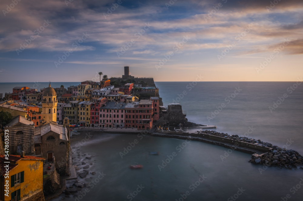 Vernazza village, aerial view on sunset, Seascape in Five lands, Cinque Terre National Park, Liguria Italy Europe. Long exposure picture. September 2022
