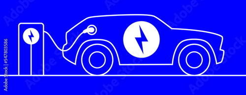 Electric SUV car charging on the station, outline vector illustration. Hybrid EV vehicle with voltage icon, filling up a battery.