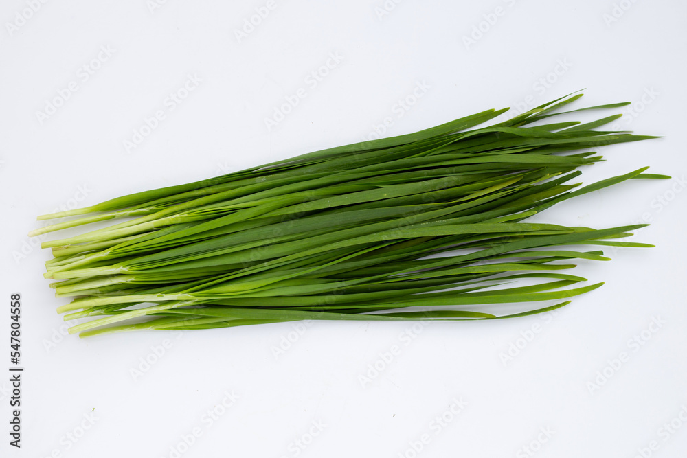 Fresh Chinese Chive leaves on white background. Fresh Chinese Chive leaves on white background.