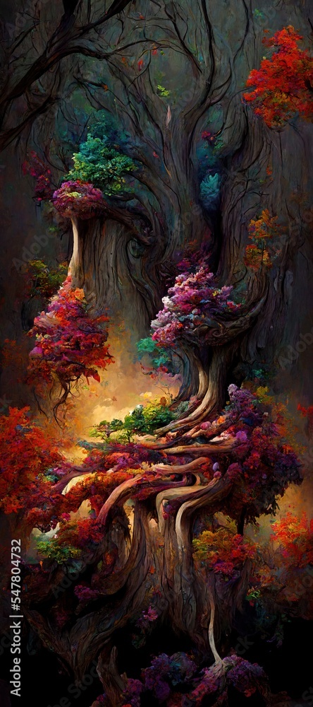 Fototapeta premium Abstract magical fantasy woods - vibrant autumn fall colors, misty fog and sacred old towering fantasy trees in strange and unusual curvy shapes.