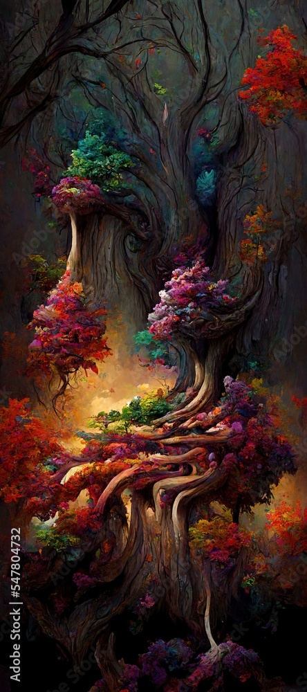 Abstract magical fantasy woods - vibrant autumn fall colors, misty fog and sacred old towering fantasy trees in strange and unusual curvy shapes.