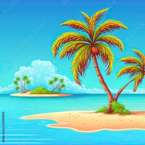 Two palm tree and sandy beach on blue sea. Paradise vacation on tropical island. 2d illustrated cartoon illustration