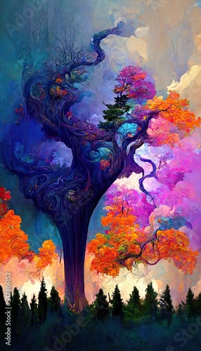 Abstract magical fantasy woods - vibrant autumn fall colors, misty fog and sacred old towering fantasy trees in strange and unusual curvy shapes.