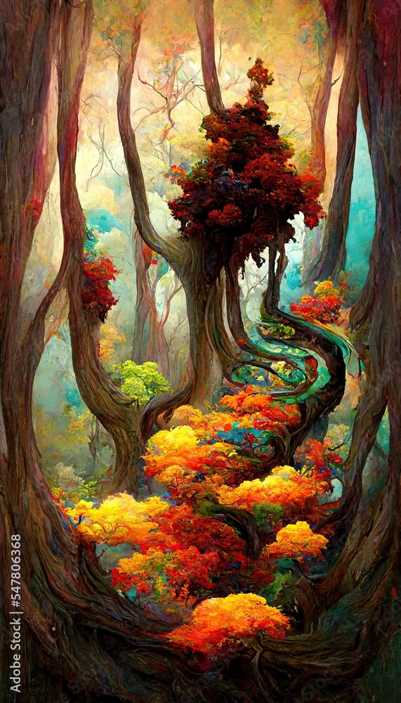 Obraz premium Abstract magical fantasy woods - vibrant autumn fall colors, misty fog and sacred old towering fantasy trees in strange and unusual curvy shapes.