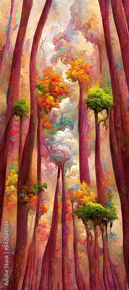 Fototapeta premium Abstract magical fantasy woods - vibrant autumn fall colors, misty fog and sacred old towering fantasy trees in strange and unusual curvy shapes.
