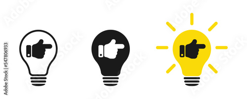 A hand with a finger indicates the direction. Idea lamp icons set. Flat style - stock vector