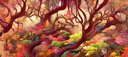 Abstract magical fantasy woods - vibrant autumn fall colors, misty fog and sacred old towering fantasy trees in strange and unusual curvy shapes. photo
