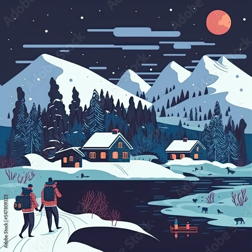 Illustration of a couple arriving after a walk in the winter landscape in the mountains at night with a big red moon