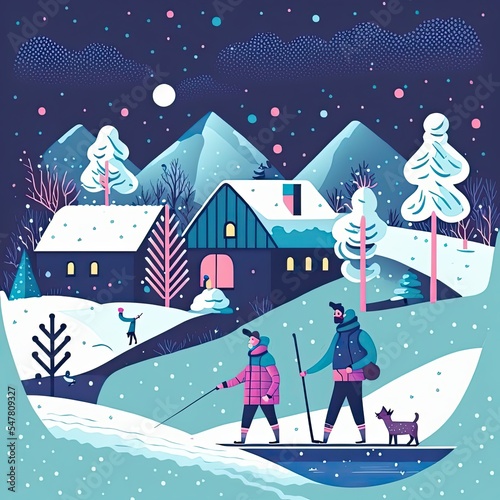 Illustration of a couple going out for a walk with teir dog in the snow in winter at night photo