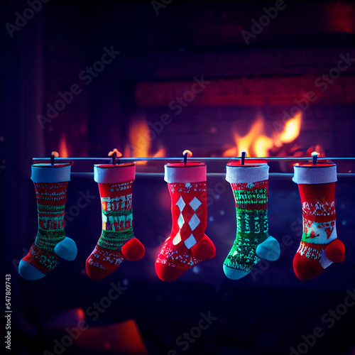 set of stockings hanging on the fireplace at christmas
