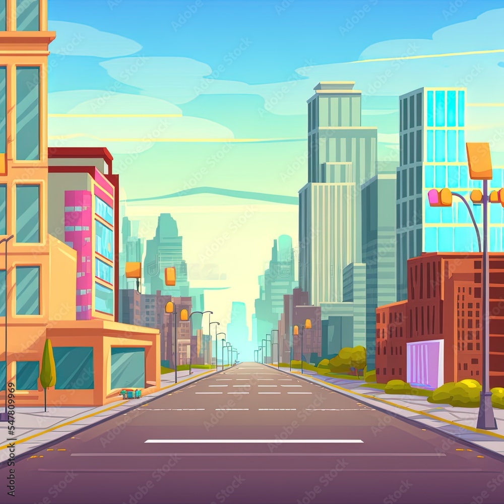 Road to city with office buildings, shops and houses. 2d illustrated parallax background for 2d animation with cartoon urban landscape, cityscape with empty street and town buildings