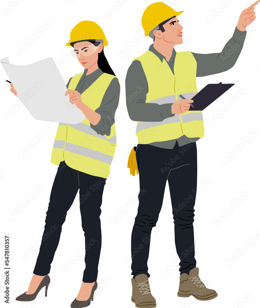 Female worker is wearing a helmet and a vest looking at a blueprint. Male construction worker holding a clipboard wearing helmet. Hand-drawn vector illustration isolated on white. Full length view Female worker is wearing a helmet and a vest looking at a blueprint. Male construction worker holding a clipboard wearing helmet. Hand-drawn vector illustration isolated on white. Full length view