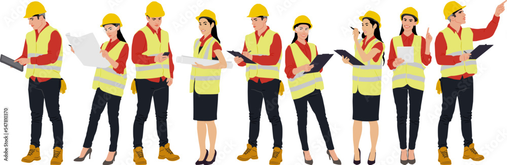 Hand-drawn set of male and female workers with helmets and vests. Vector flat style illustration isolated on white. Full length view Hand-drawn set of male and female workers with helmets and vests. Vector flat style illustration isolated on white. Full length view