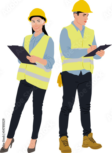 Female and male workers holding clipboard and wear helmet and a vest. Hand-drawn vector illustration isolated on white. Full length view