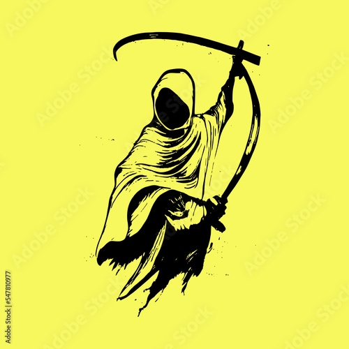 grim reaper with scyth illustration vector graphic.  Black death monster with scythe for halloween concept.