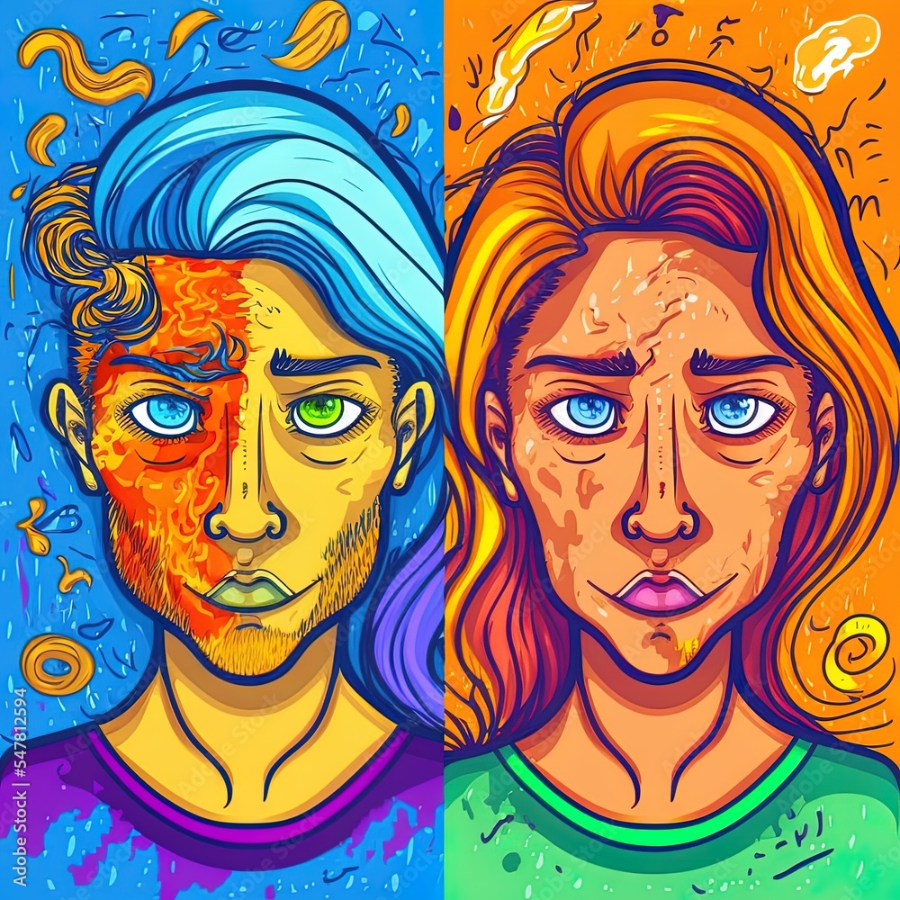 Differences of the mood. Various emotions and facial expressions of man and woman. Mental mind, split personality, bipolar disorder, mood swings concept. Hand drawn colorful 2d illustrated
