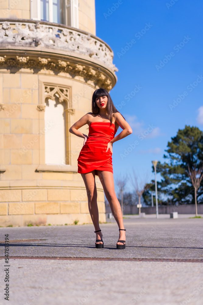 Portrait in red dress in beautiful castle, attractive girl, vertical photo