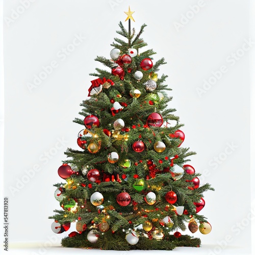 christmas tree with christmas balls and decorations isolated on white background