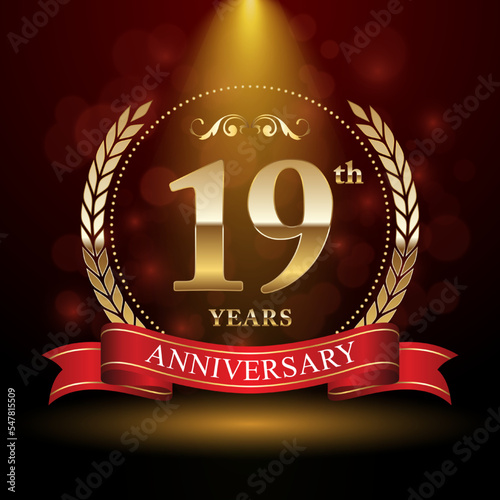 19th Anniversary. Anniversary logo design with Laurel wreath and red ribbon for celebration event, wedding, invitation, greeting card. Vector illustration