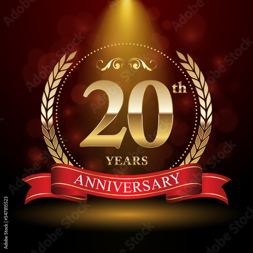 20th Anniversary. Anniversary logo design with Laurel wreath and red ribbon for celebration event, wedding, invitation, greeting card. Vector illustration