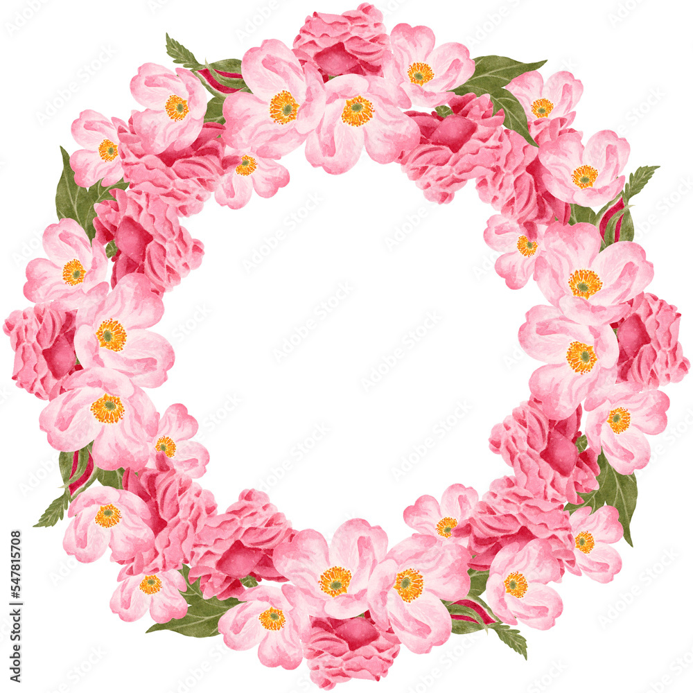 Watercolor pink rose and peony flower wreath bouquet arrangement