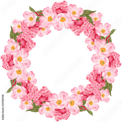 Watercolor pink rose and peony flower wreath bouquet arrangement