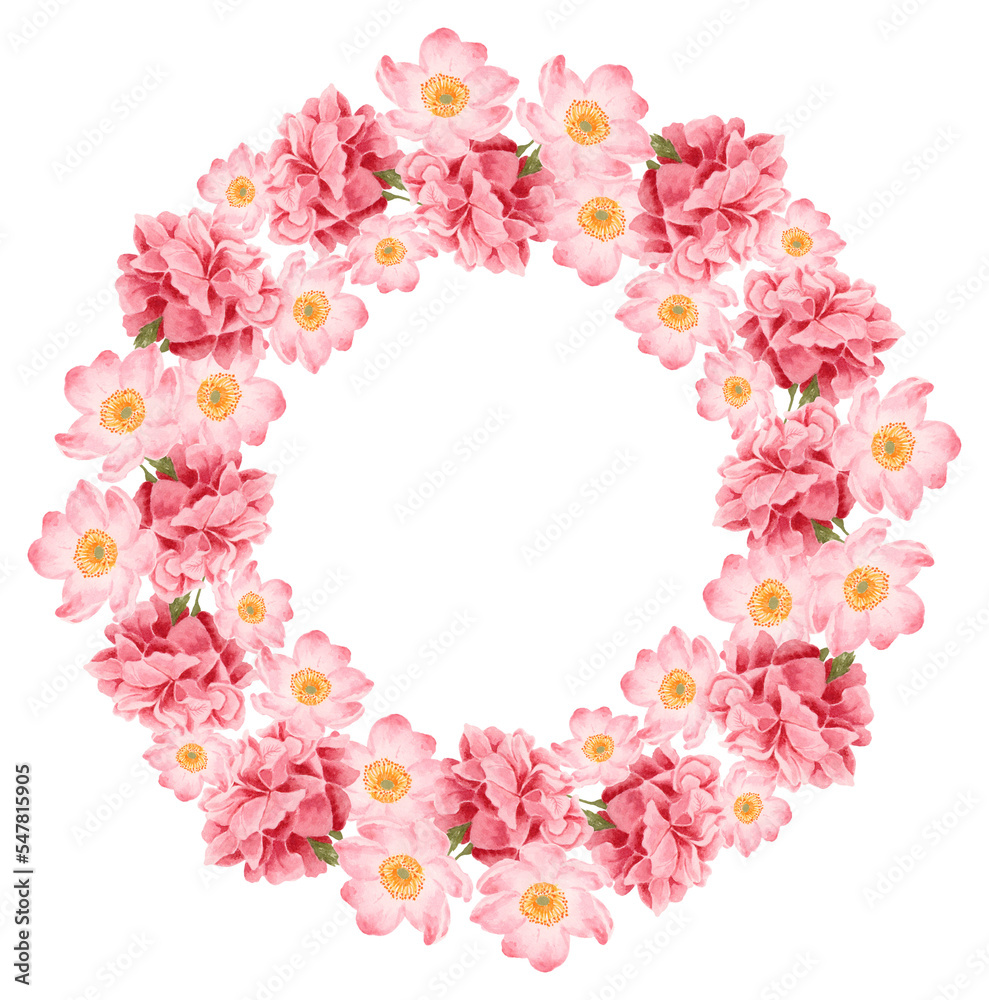 Watercolor pink rose and peony flower wreath bouquet arrangement