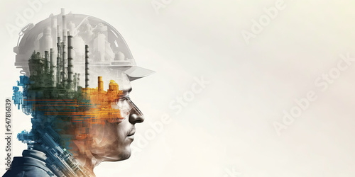 Future factory plant and energy industry devotion concept in creative design. Oil gas and petrochemical refinery factory with double exposure arts showing next generation of power and energy business.