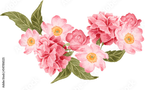 Watercolor pink and magenta rose flower bouquet arrangement