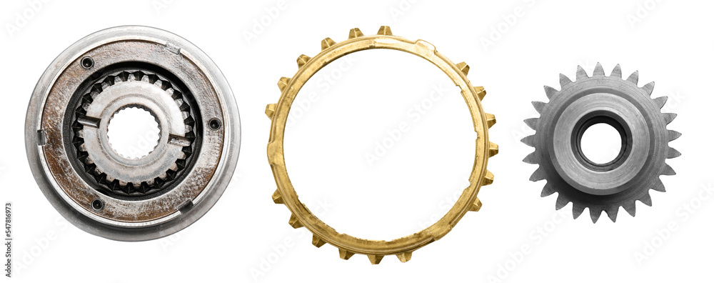 Set with different stainless steel gears on white background, top view. Banner design Set with different stainless steel gears on white background, top view. Banner design