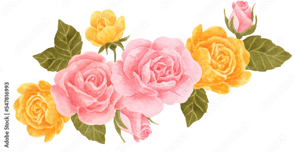 Watercolor pink rose flower bouquet arrangement