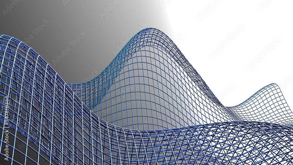 Fototapeta premium Metallic blue mathematical geometric grid line wave under black-white background. Concept 3D CG of sports technology, strategic ideas and intellectual analysis of operations.