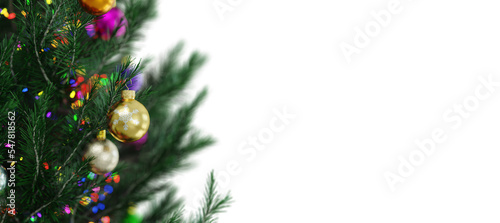 3D Rendering Realistic Christmas ball on the Christmas tree with shiny and glitter and colorful light on the white background with copy spact. design element