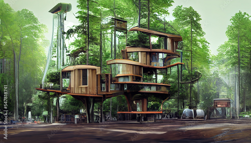 Spectacular concept art of environmental friendly modern treehouse with
