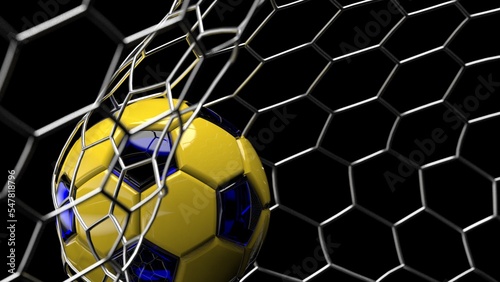 White-Black Soccer Ball in the Goal Net under black-blue background. 3D illustration. 3D CG. 3D Rendering. High resolution.