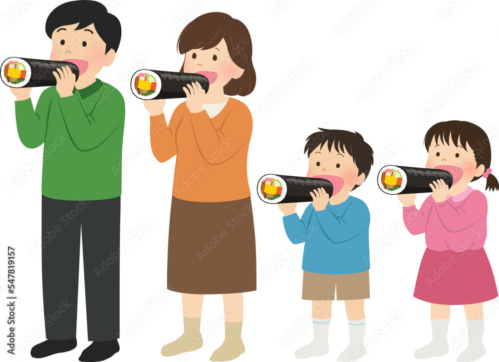 節分に恵方巻を食べる家族_人物_全身_屋内_ベクターイラスト 節分に恵方巻を食べる家族_人物_全身_屋内_ベクターイラスト