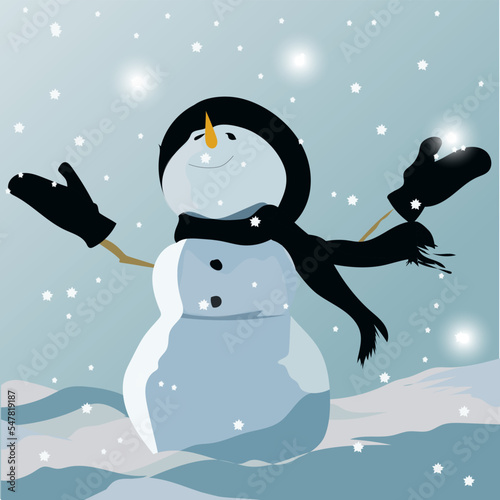 Cute Christmas snowman illustration on a cold winter night, happy holiday design with snowflakes, hat, and scarf