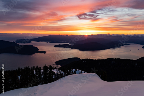 Sunset view from Mount Strachan (Cypress ski area) in Vancouver metro area, overlooking Howe Sound and Pacific Ocean, British Columbia, Canada photo