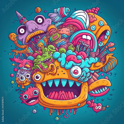 Doodle very colorfull illustration of funny monsters