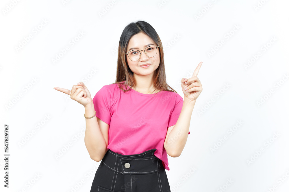 Showing Product and Pointing Left Right Side or two side Of Beautiful Asian Woman Isolated On White Showing Product and Pointing Left Right Side or two side Of Beautiful Asian Woman Isolated On White