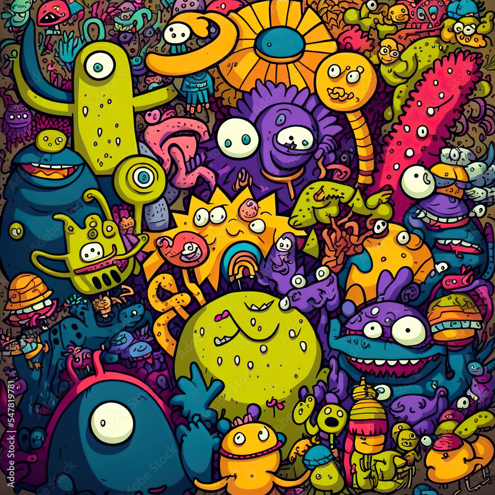Doodle illustration of colorfull friendly funny monsters