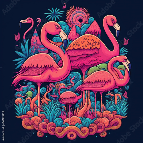 Doodle illustration of colorfull flamingoes photo