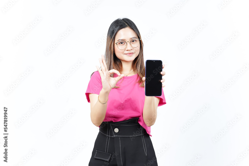 Showing Apps or Ads On Blank Screen Smartphone Of Beautiful Asian Woman Isolated On White Background Showing Apps or Ads On Blank Screen Smartphone Of Beautiful Asian Woman Isolated On White Background
