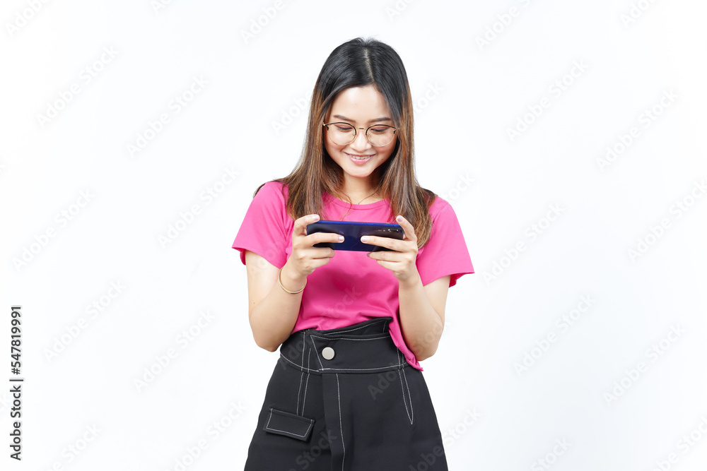 Playing Mobile Game on Smartphone Of Beautiful Asian Woman Isolated On White Background Playing Mobile Game on Smartphone Of Beautiful Asian Woman Isolated On White Background