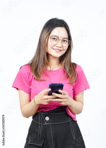 Happy face and holding smartphone Of Beautiful Asian Woman Isolated On White Background