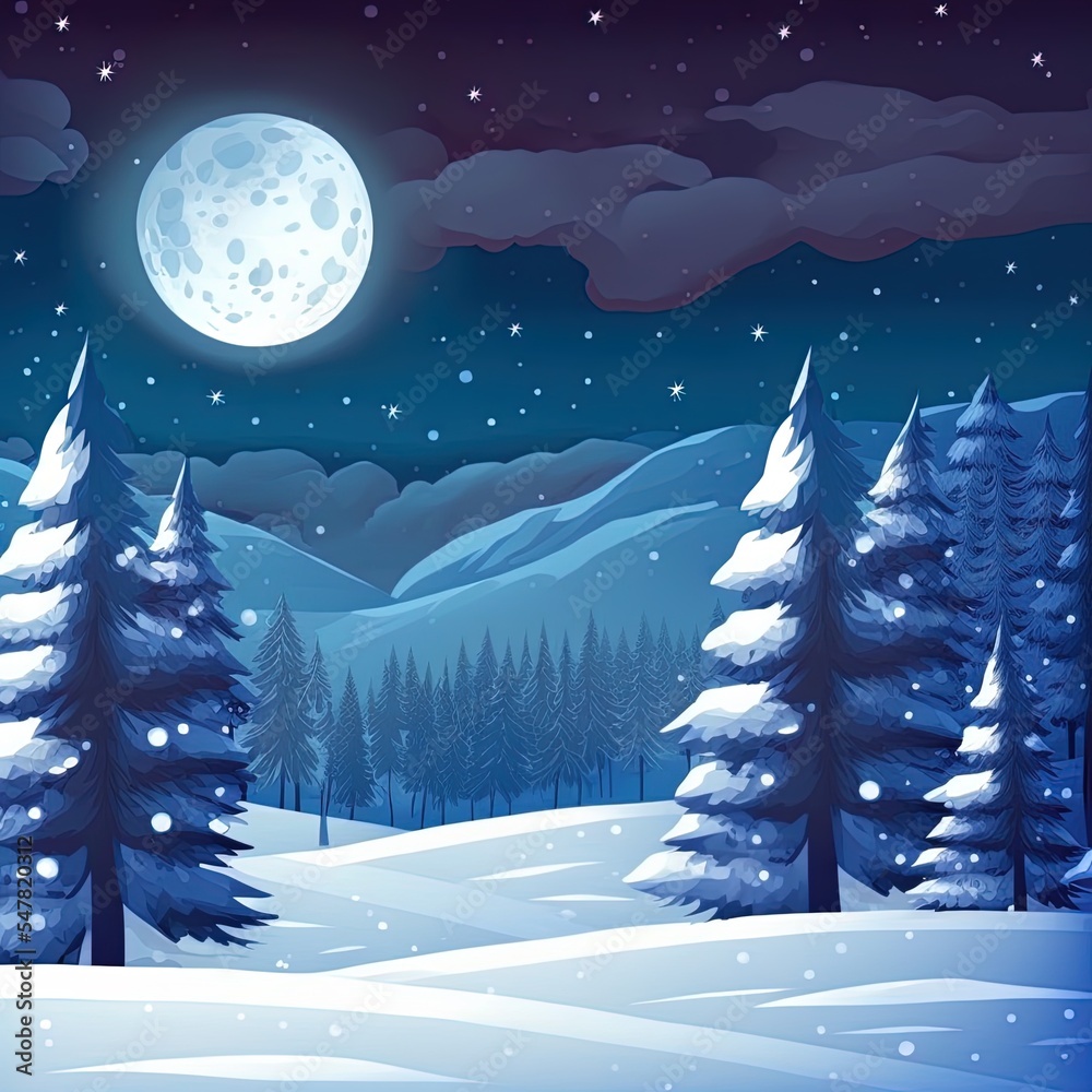 Beautiful winter night landscape with moon.Christmas background with snow covered trees. Happy New Year greeting card with copy space.